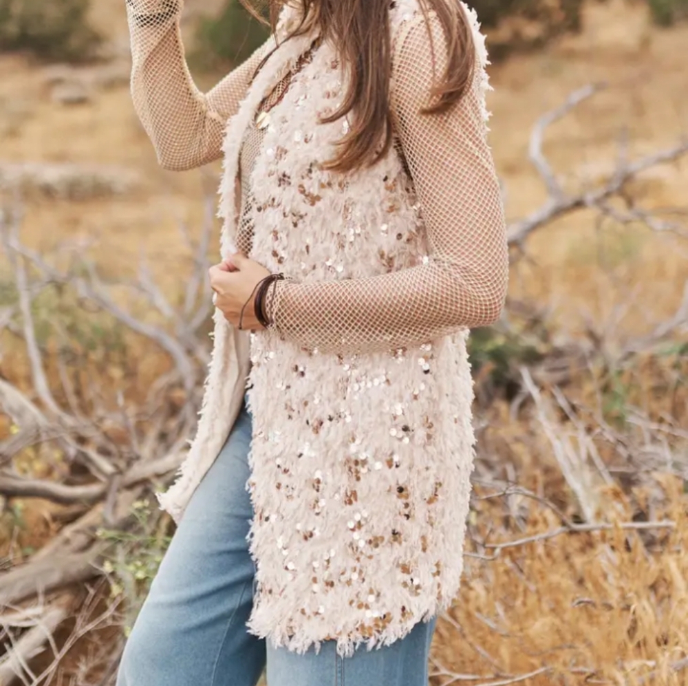 Altar'd state shaggy beige fringe knit duster bohomenian vest